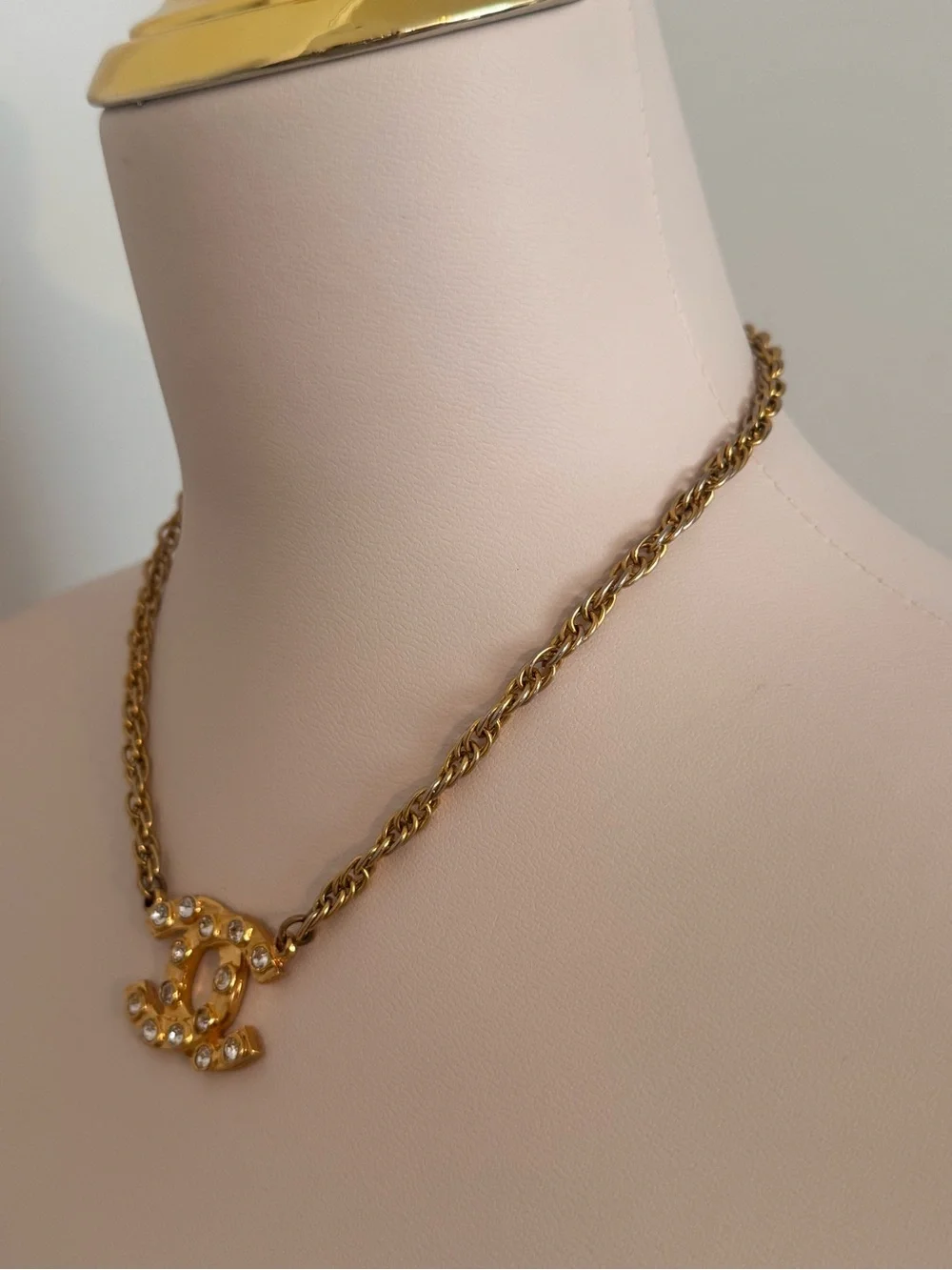 CHANEL Gold-Tone CC Logo Necklace with Clear Crystals